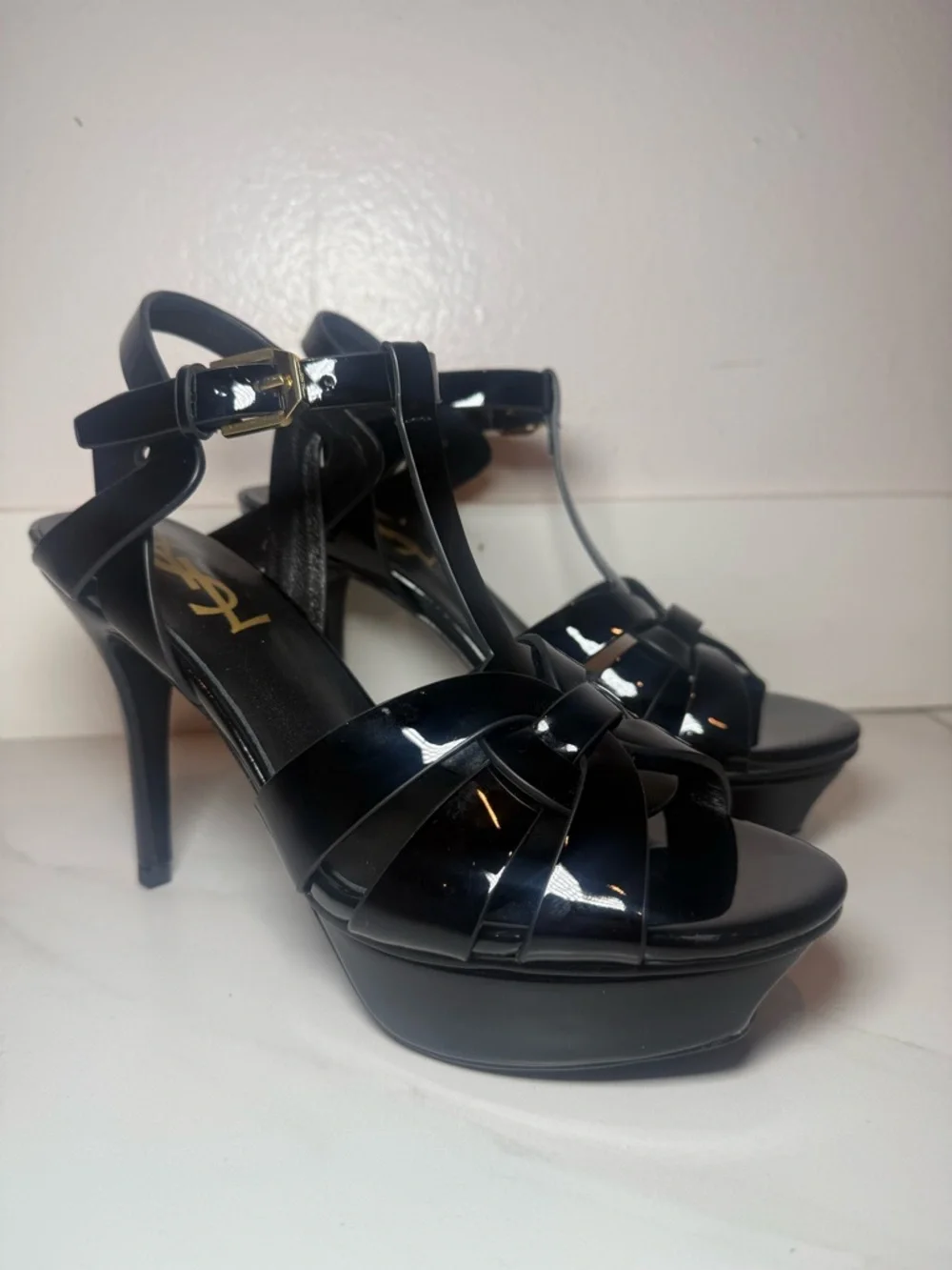 Yves Saint Laurent Black Patent Leather T-Strap Platform Heels with Gold Buckle - Picture 9 of 9